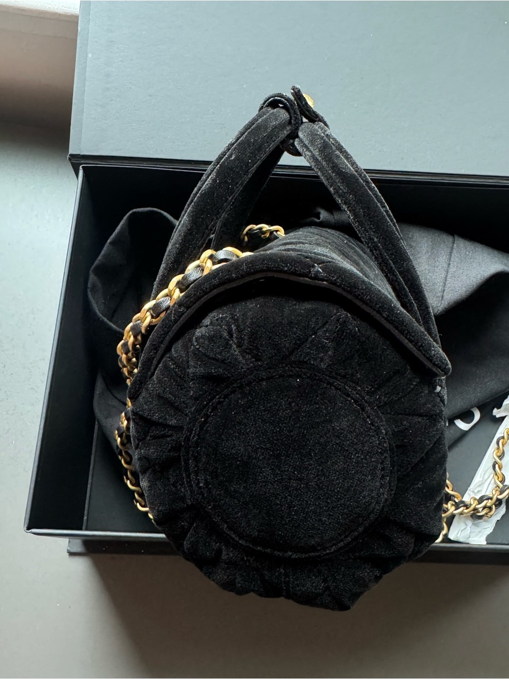 Chanel 2024 Black Velvet Barrel Bag – Mini Bowling 2-Way Shoulder Bag w/Box - Picture 10 of 13